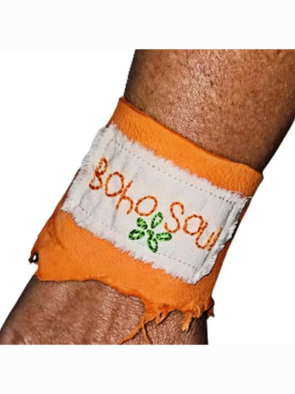 Wide Hippie Boho Soul Rustic Soft Orange Leather Cuff Bracelet Hand Embroidered